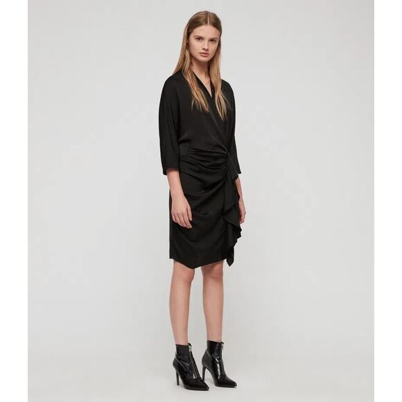 AllSaints Issey Black Satin Faux Wrap V-Neck Ruched Ruffle Midi Dress Size 4 - Picture 1 of 8